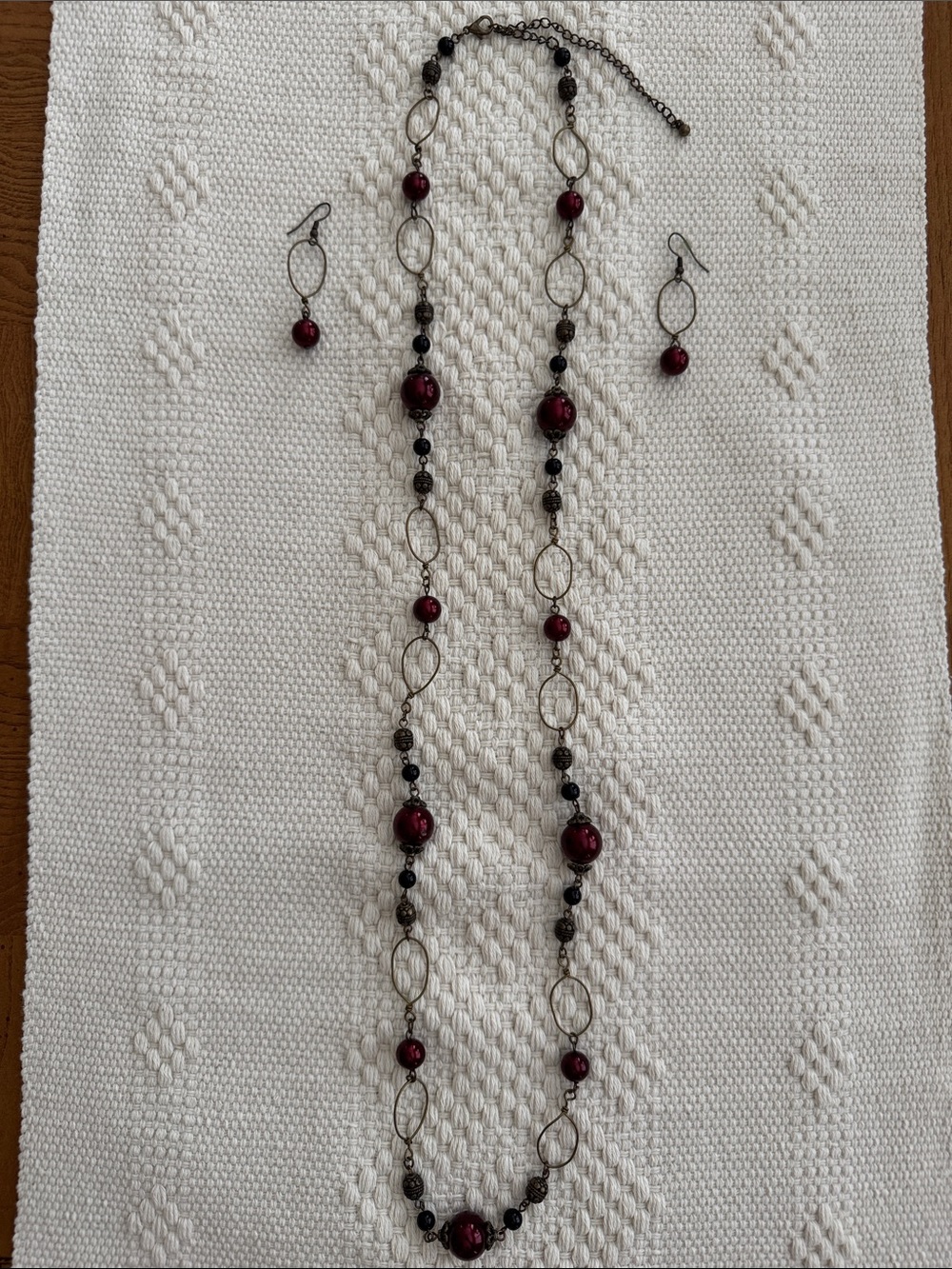 Long Burgundy Bead Necklace and Earring Set